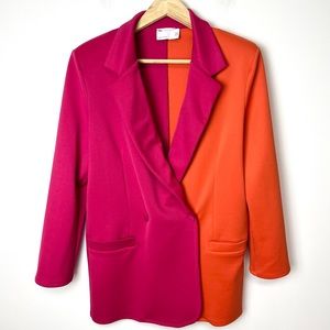 Asos Design Orange Pink Retro Colorblock Boyfriend Blazer Jacket w/ Shoulder Pad